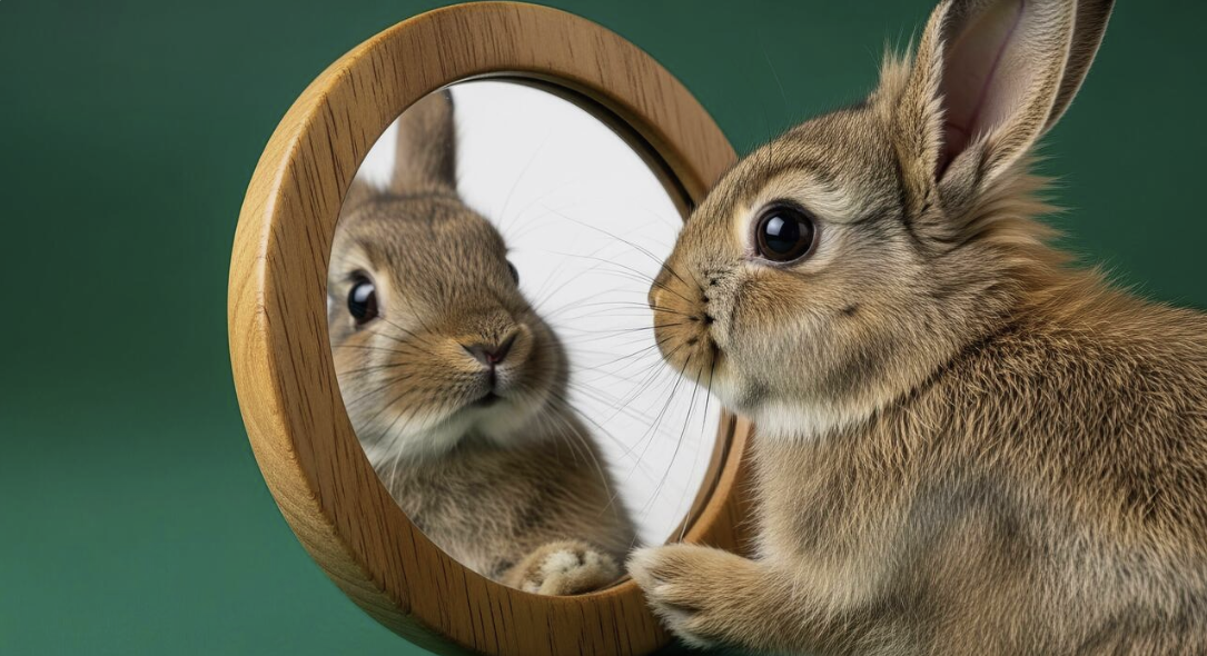 Rabbit studying its own reflection in a round wooden mirror, illustrating specific design needs